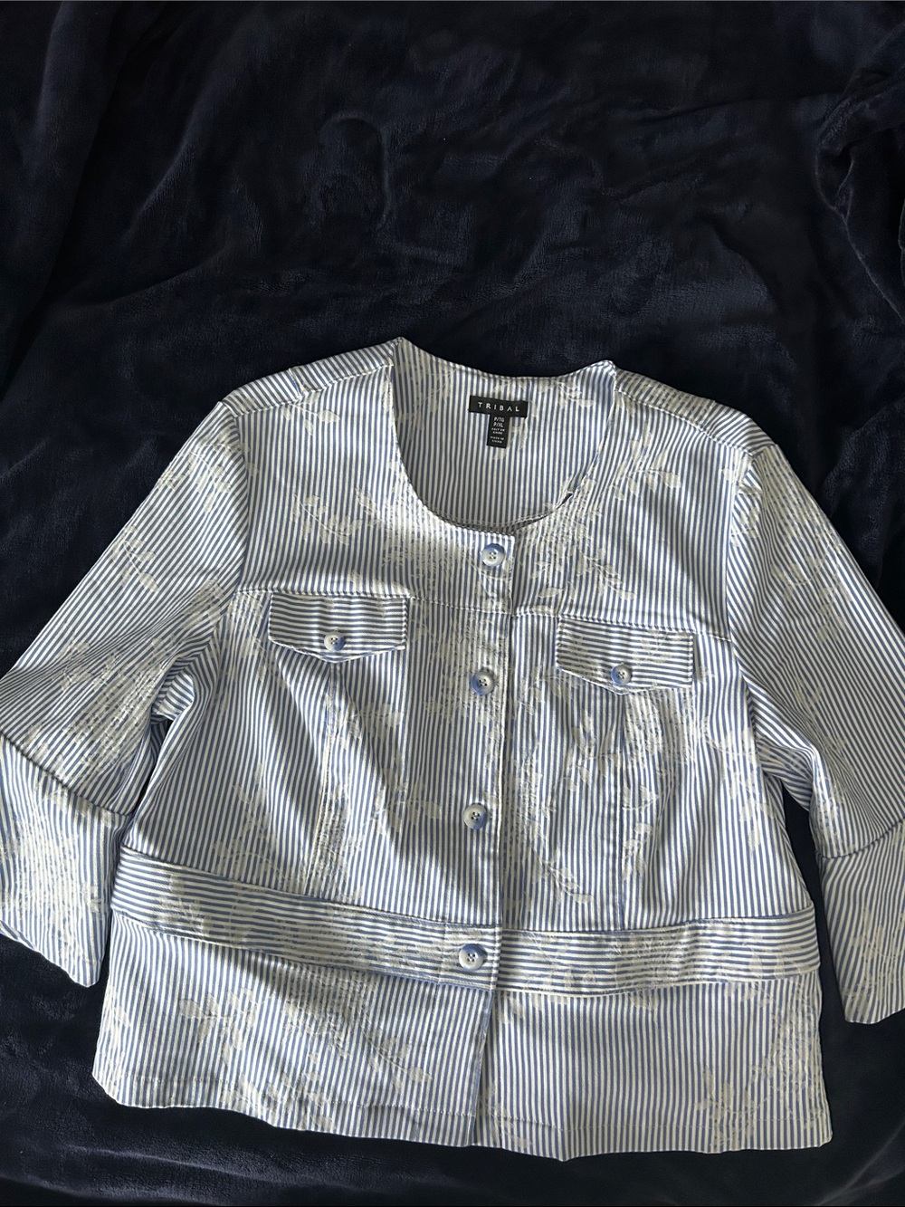 Tribal White and Blue Pinstripe Button blazer Jacket with flower patterns